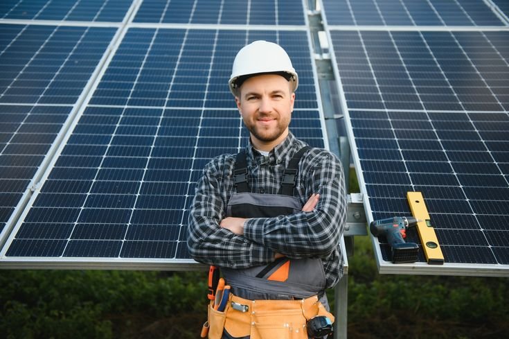 Installer fitting solar panels on a residential roof